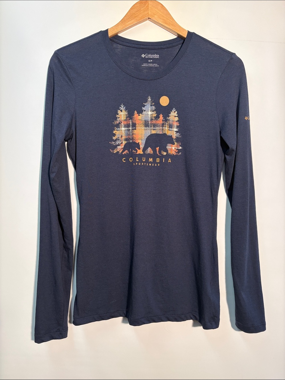 Columbia Navy Long-Sleeve Tee with Colourful Forest Bear Graphic